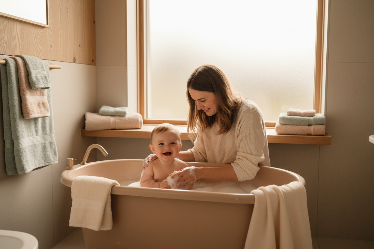Happy baby during bath time with soft towel