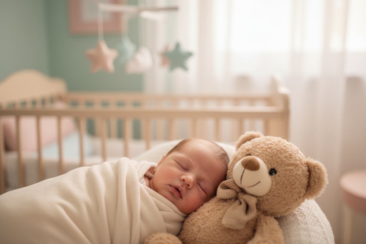 Sleeping baby wrapped in soft swaddle blanket