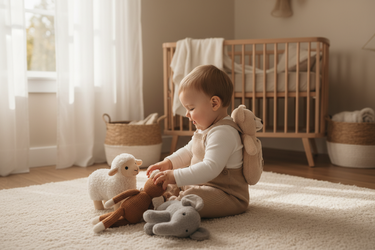 Cute toddler sitting on a soft carpet playing with plush toys while wearing a cozy baby backpack cushion, warm beige nursery room, soft natural lighting, premium baby comfort lifestyle photography