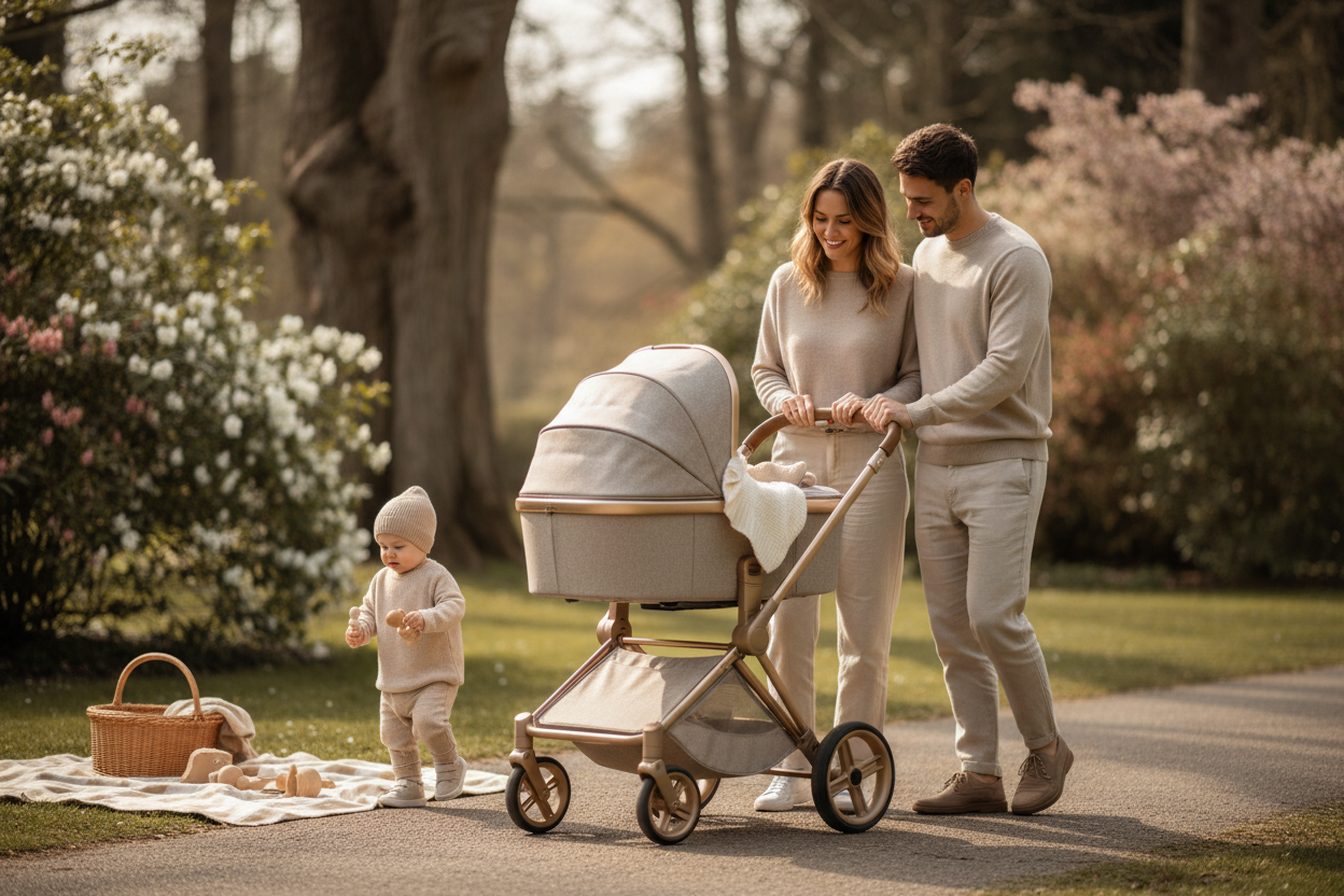 Parents walking with luxury baby stroller