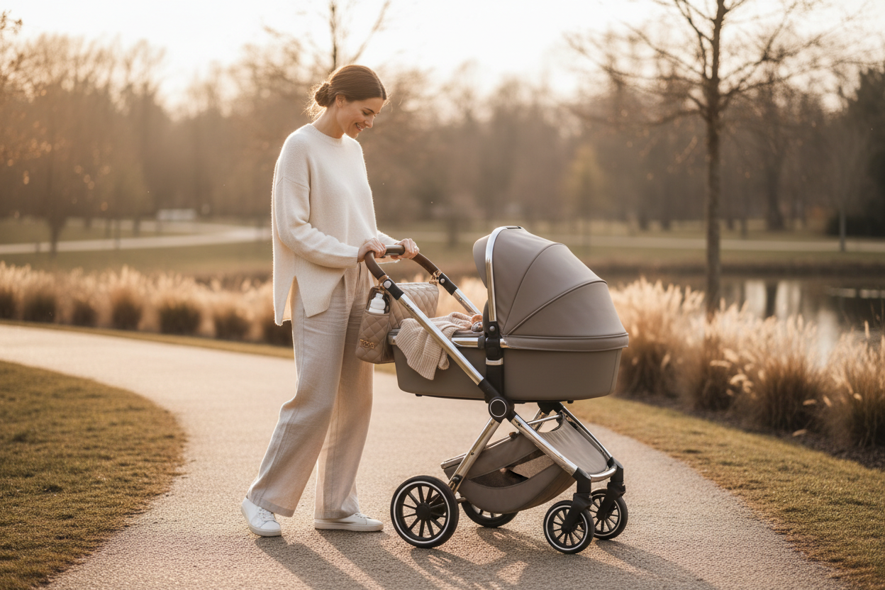Mother walking with stroller organizer bag