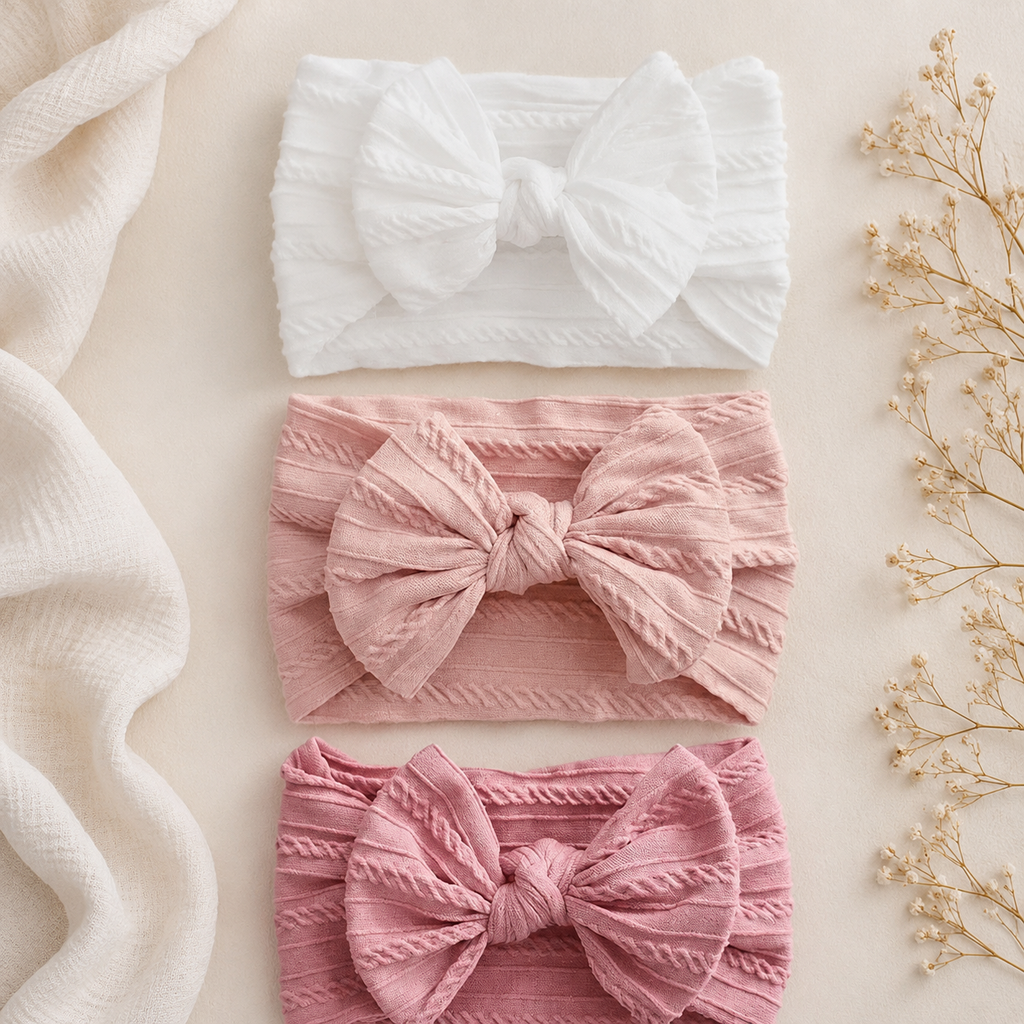 3-Piece Baby Bow Headband Set – Soft Nylon Baby Girl Hair Accessories