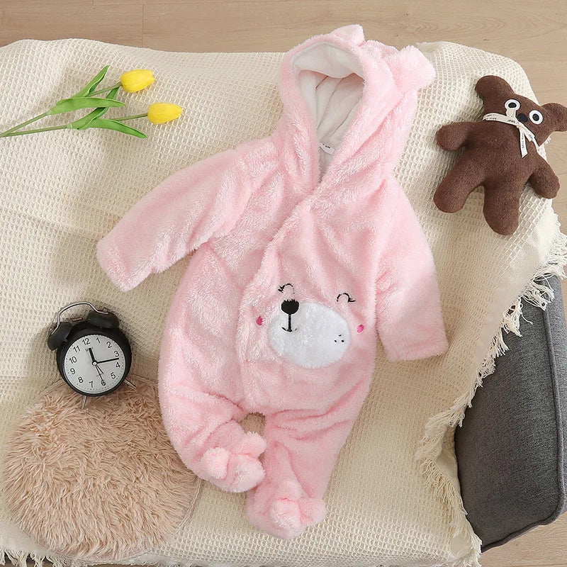 Cozy Baby Hooded Romper – Soft Winter Bunny & Bear Jumpsuit for Babies