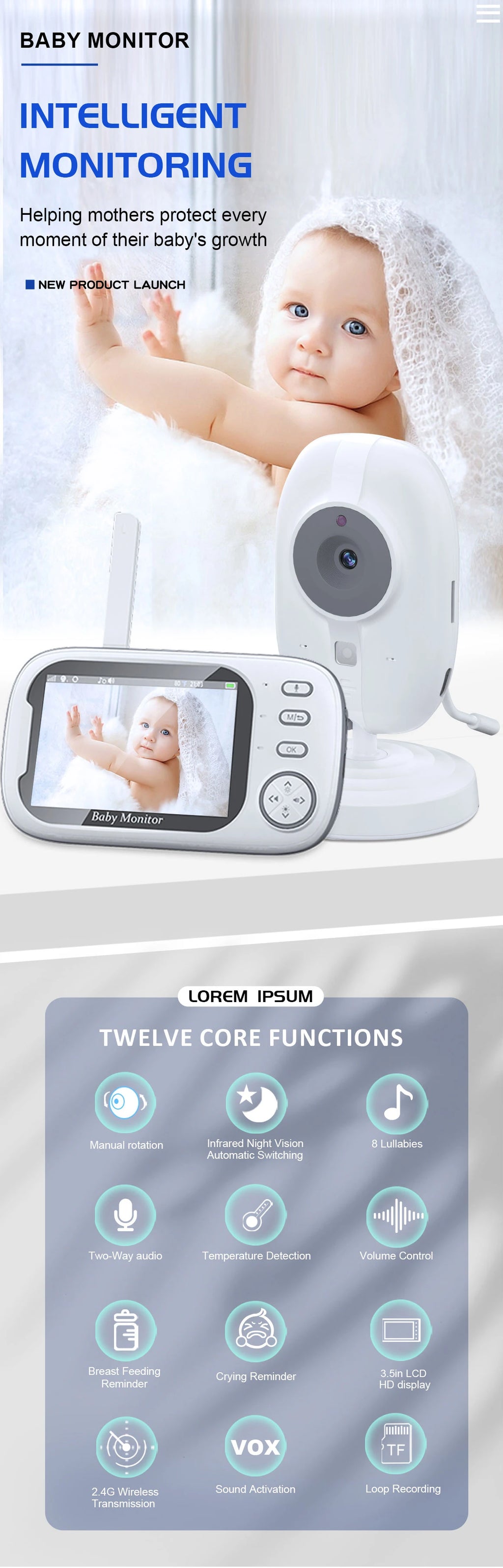 3.5" Wireless Baby Monitor with Night Vision, 2-Way Audio & Temperature Sensor