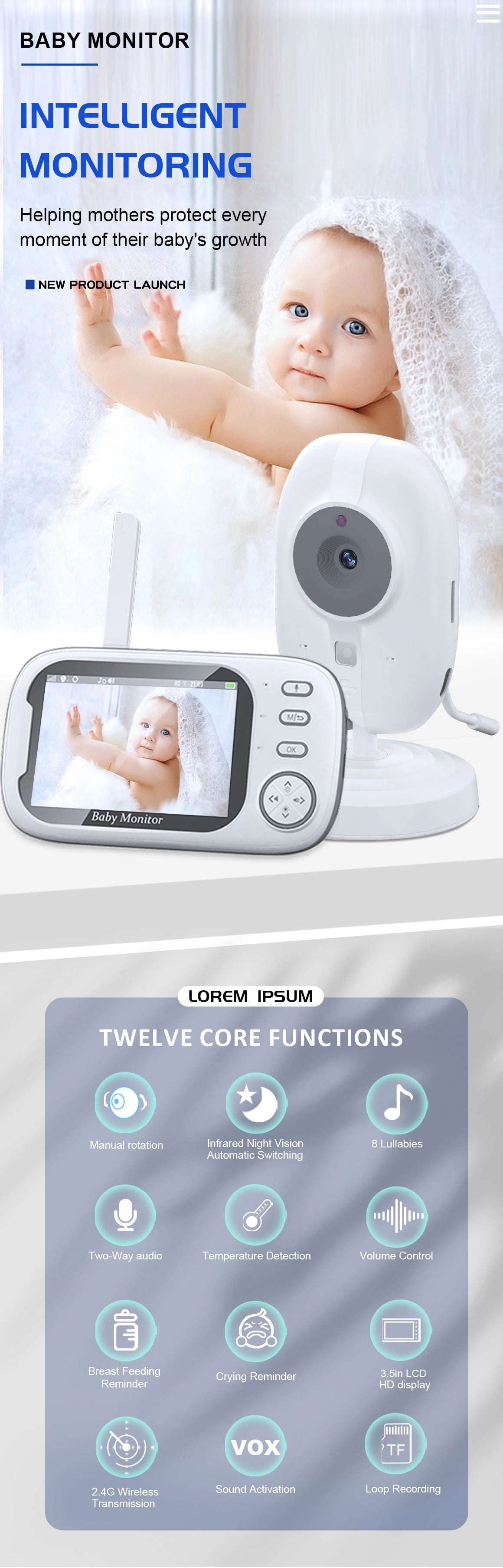 3.5" Wireless Baby Monitor with Night Vision, 2-Way Audio & Temperature Sensor