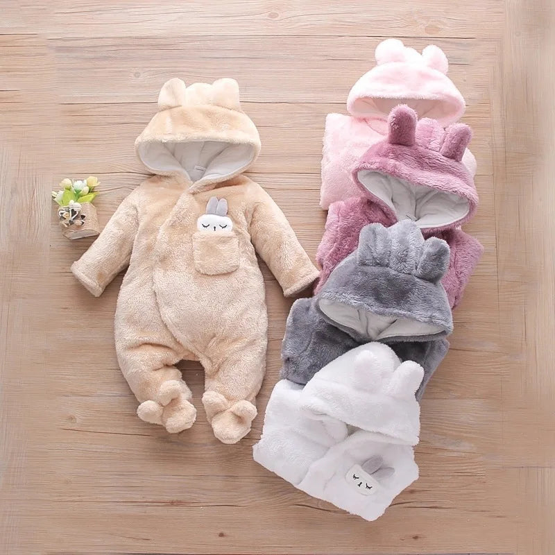 Cozy Baby Hooded Romper – Soft Winter Bunny & Bear Jumpsuit for Babies
