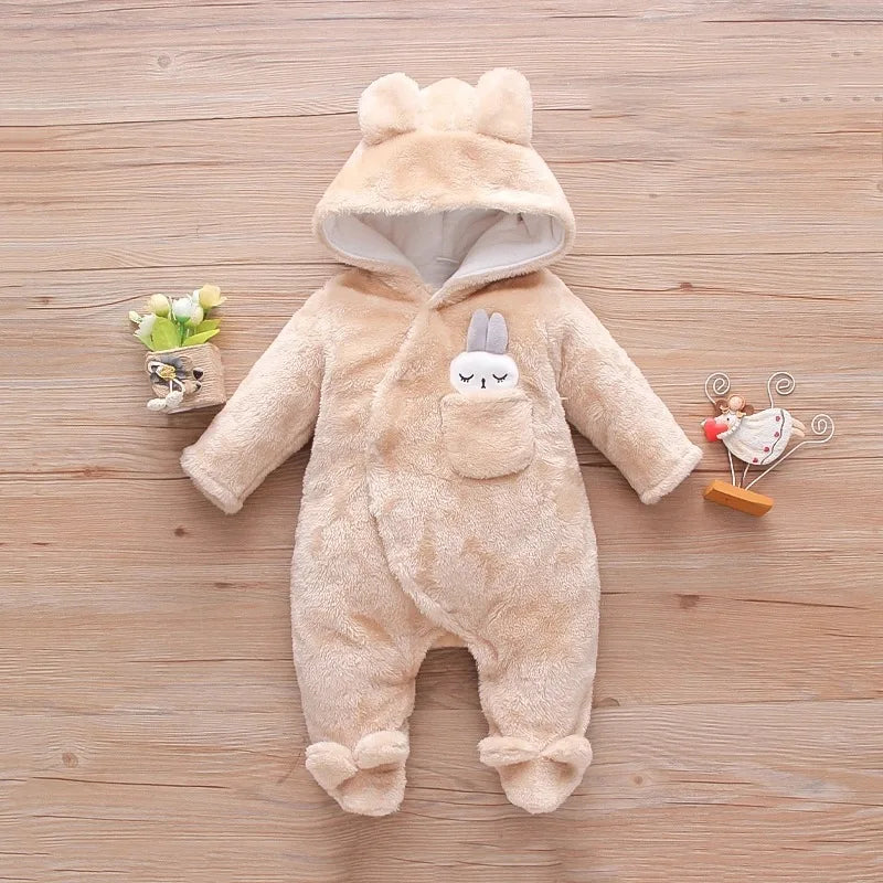 Cozy Baby Hooded Romper – Soft Winter Bunny & Bear Jumpsuit for Babies