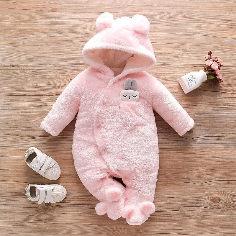 Cozy Baby Hooded Romper – Soft Winter Bunny & Bear Jumpsuit for Babies
