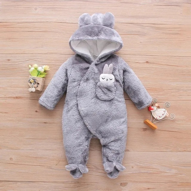 Cozy Baby Hooded Romper – Soft Winter Bunny & Bear Jumpsuit for Babies